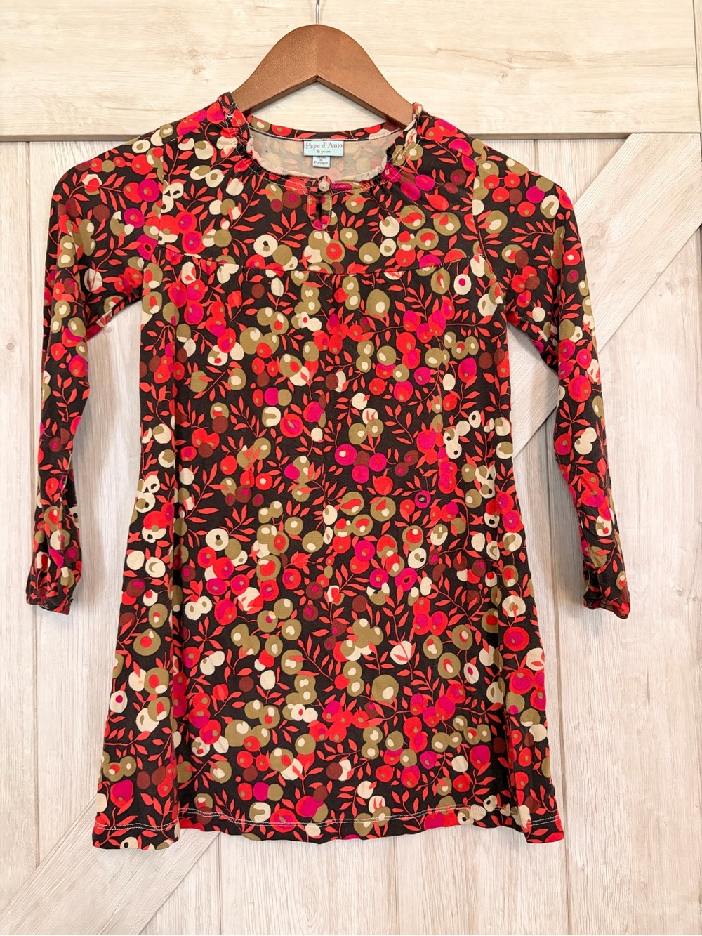 Papo d'Anjo Girls Olive Patterned Long Sleeve Dress – Size 6